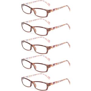 Kerecsen Reading Glasses 5 Pairs Fashion Ladies Readers Spring Hinge with Pattern Print Eyeglasses for Women (5 Brown, 1.5, x)