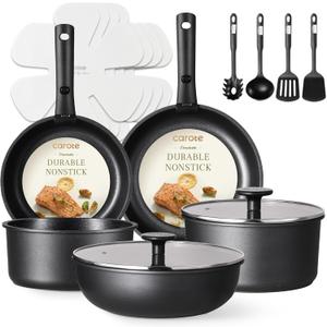 CAROTE 17Pcs Pots and Pans Set Non Stick, Cookware Set Detachable Handle, Nonstick Induction Kitchen Sets Non Stick with Removable Handle, RV Cook Ware, Oven Safe, Black
