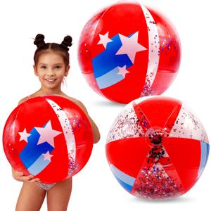 4E's Novelty 22" Patriotic Beach Balls - 2 Pack with Glitter Inside, Red White Blue Beach Balls for Kids & Adult, 4th of July Party Decorations, Patriotic Pool Floats Toys Games