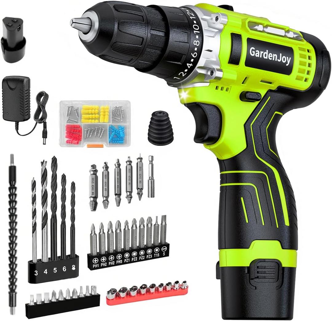 12V Green Cordless Drill Kit, Home DIY, 2 Batteries & Fast Charger, Compact, 2-Speed, 3/8" Keyless Chuck, 24+1 Torque, LED Light for Wood and Metal