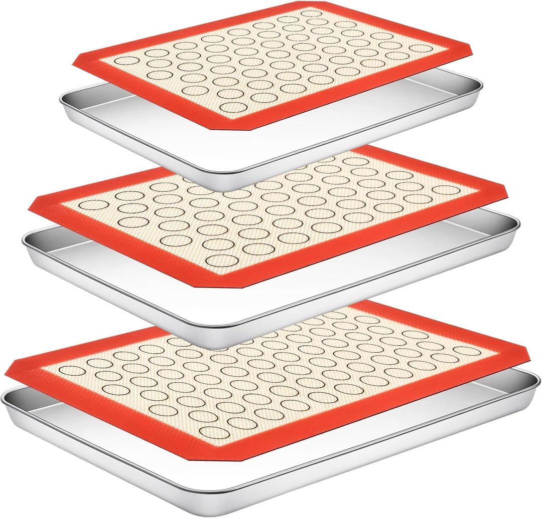 Baking Sheet with Silicone Baking Mat Set, CEKEE Stainless Steel Baking Sheet Pan Tray, Cookie Sheets for Baking, 6PCS Baking Supplies Bakeware Sets for Oven Making Cookies, Macaroons, Bread (9+12+16 Inch)