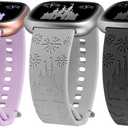 3 Pack Cartoon Engraved Band Compatible with Fitbit Versa 4 Bands/Fitbit Versa 3 Bands/Sense/Sense 2 Band Women, Cute Soft Silicone Replacement Bracelet Sport Designer Fancy Strap (Black/Grey/Lavender)
