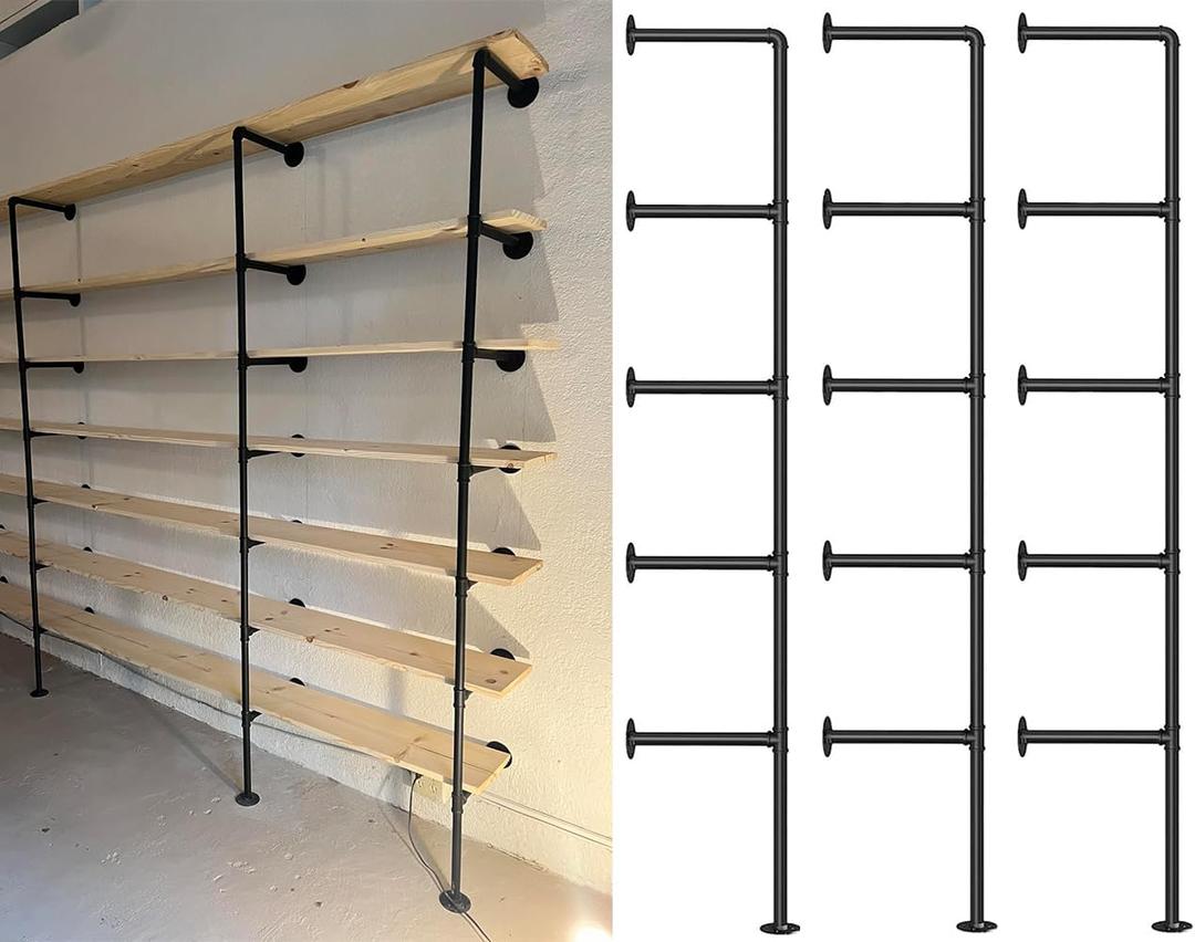 Kaler Industrial Pipe Shelves, 3-Set 5-Tier 68" Tall, 12" Depth,DIY Open Bookshelf Bookcase, Wall Mount Vintage Retro Shelving, Rustic Farmhouse Pantry Kitchen Storage,Black Shelf Brackets