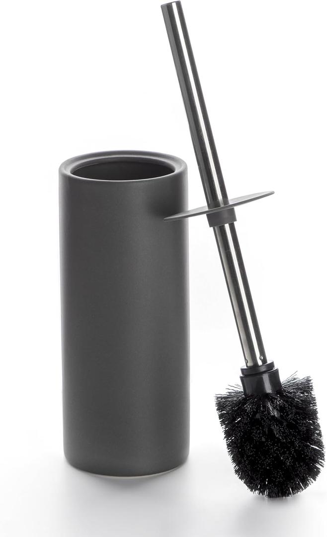 Matt Gray Ceramic Toilet Brush and Holder Set, Freestanding Toilet Bowl Cleaners Brush, Scrubber Brush for Toilet, Bathroom Accessories with Stainless Handle, Deep Cleaning