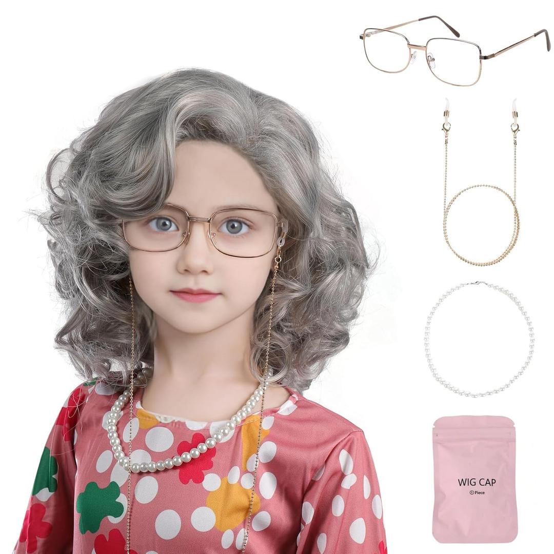 MUPUL Old Lady Wig For Kids Grandma Wig For Kids 100 Days Of School Costume For Girls