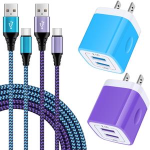 USB Type C Charger Plug Dual Port Fast Wall Charger Phone Charging Block with 2-Pack 6Ft C Cable for Samsung Galaxy S24 S23 S22 S21 S20 A14 A54 A13 A53 A23, iPhone 16 15, Google Pixel 9 8 7 6 Pro 7a 6a 5 (Blue+Purple)