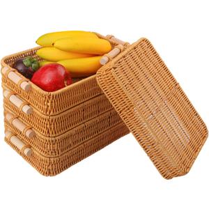 5 Pack 11.8 x 7.8 inch Rectangle Rattan Tray, Rectangle Woven Serving Basket with Handles, Storage Rattan Serving Trays for Home, Restaurant & Hotel Use, Durable & Easy-Cleaning