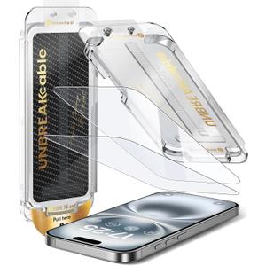 UNBREAKcable Screen Protector for iPhone 16/15, Pull-To-Protect Easy Installation, Auto Dust-Elimination, 9H+ Military-Grade Tempered Glass, Bubble-Free, Case Friendly, HD Clear, 6.1 Inch, 2 Pack