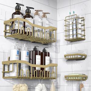 EUDELE 5-Pack Rustproof Stainless Steel Shower Caddy  No Drill Adhesive Bathroom Organizer with Large Capacity, Spacious Shower Shelves for Inside Shower, Kitchen & Home Decor Storage-XL Size (Matte Gold)