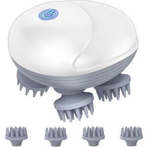 Upgraded Electric Scalp Massager for Men Women, Handheld Cat Dog Pet Head Massager with 4 Massage Heads, 3 Speeds, Waterproof Massager for Soothing Muscles Joints, Hair Growth, Stress Relax (White)