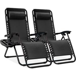 Best Choice Products Set of 2 Adjustable Steel Mesh Zero Gravity Lounge Chair Recliners w/Pillows and Cup Holder Trays - Black