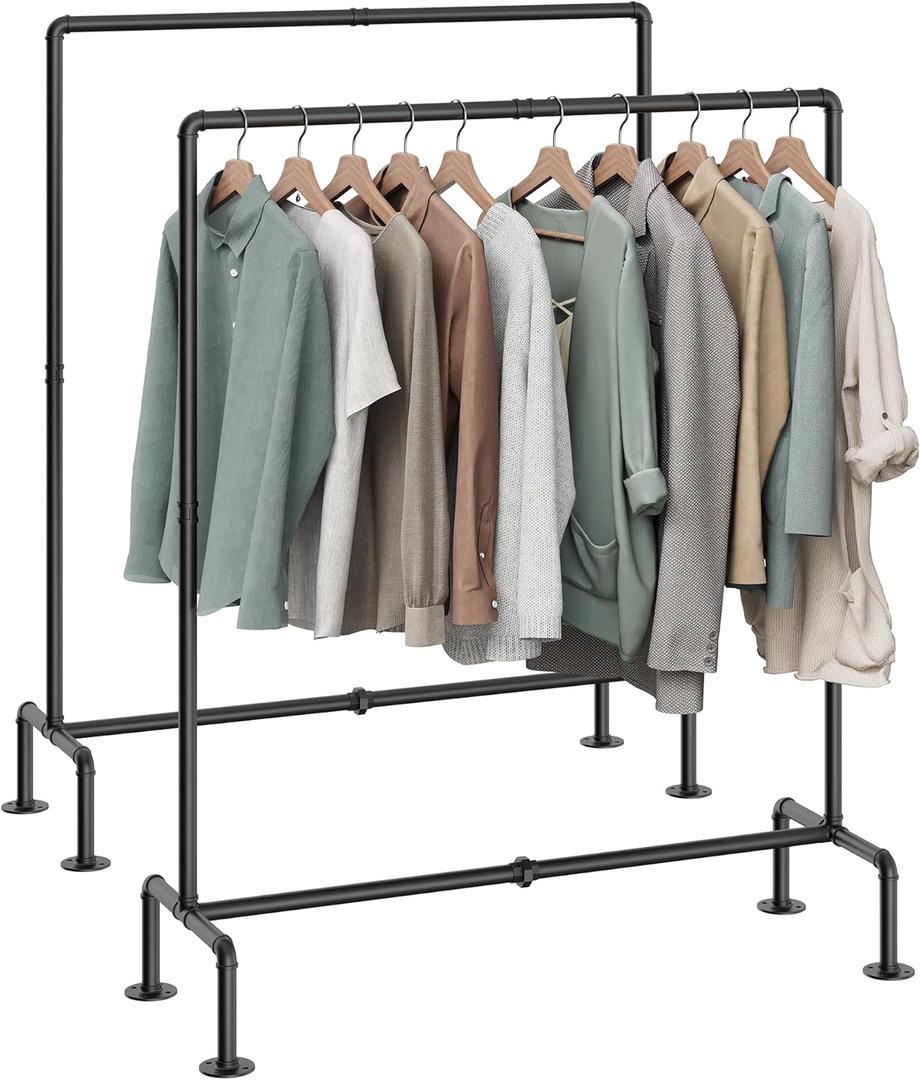 OROPY Industrial Pipe Clothing Rack Free Standing Set of 2, Heavy Duty Detachable Clothes Rack with 4 Stable Feet for Garment Storage Display, Black