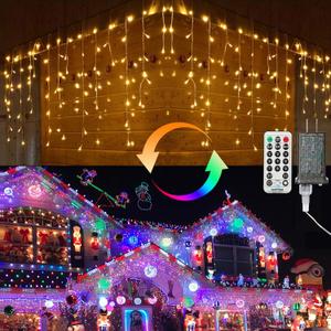Brizled Christmas Icicle Lights, 29ft 360 LED Outdoor Icicle Lights Color Changing with Remote, 11 Function Connectable Christmas Lighting Warm White & Multicolor Xmas Lighting for Xmas Home Wedding