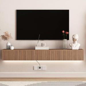Floating Wall-Mounted TV Stand for 65 Inch Tvs, Modern Media Entertainment Center Console with LED Light & Wire Management & Doors for Home Office Living Room, Wood
