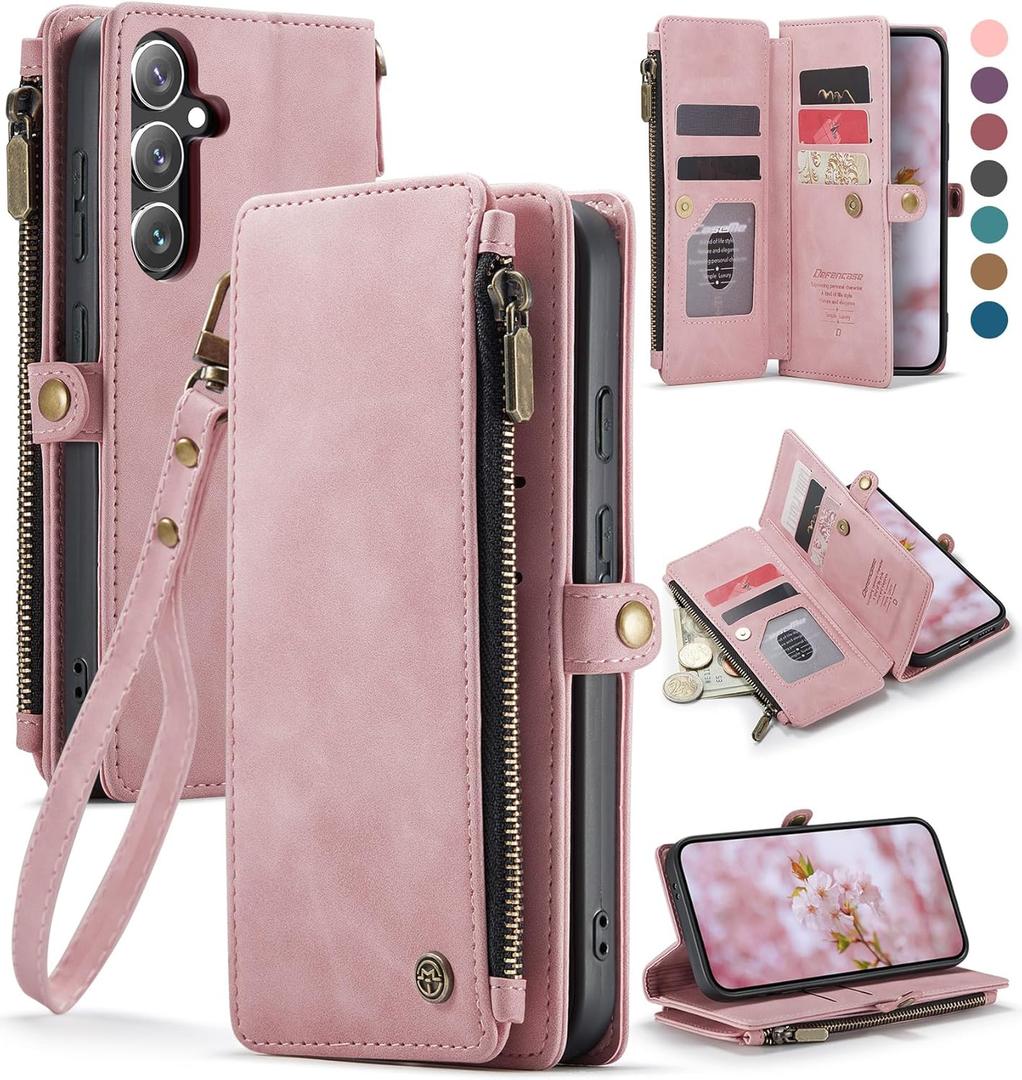 Defencase Compatible with Samsung Galaxy S24 Case Wallet with RFID Blocking Card Holder for Women Men, PU Leather Magnetic Snap Flip Zipper Strap Wallet Phone Case Fit for Galaxy S24 5G 6.2", Pink