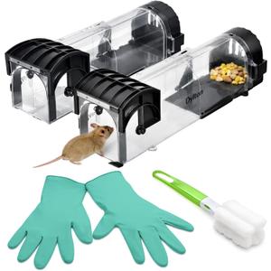 [2026 Upgraded] Humane Mouse Trap 2-Pack No Kill Live Catch Rodent Trap with Release Gloves & Cleaning Brush Reusable Indoor Outdoor Mouse Trap Safe for Homes with Kids & Pets