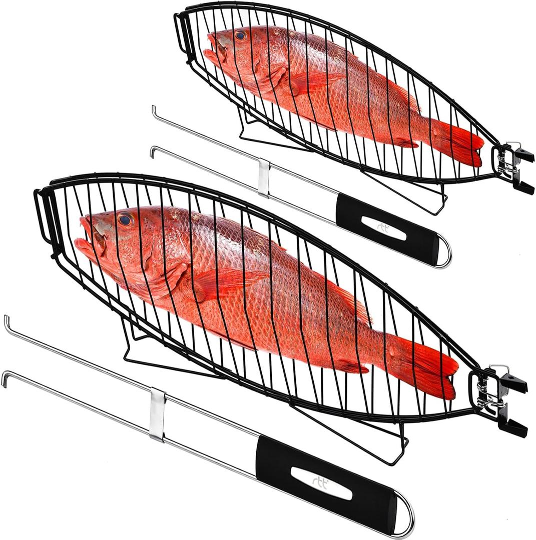 RTT Fish Grill Basket 2 Packs - Premium Stainless Steel Large Fish Basket for Grilling - Perfect for Cooking Whole Fish