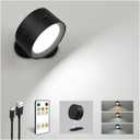 LED Wall Mounted Lights, Rechargeable Wall Sconces Lamp, 3 Color Temps & Remote and Touch, 360Rotation Dimmable Cordless Wall Light for Study Bedroom Reading Bedside(Black, 1 Pack)