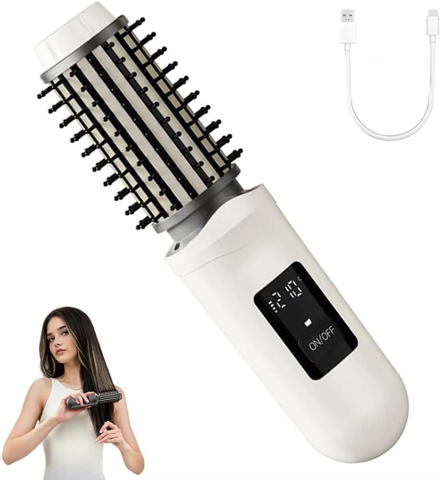 Cordless Hair Straightener Brush Curling Iron Rechargeable Battery-Powered, 3-in-1 Portable Hot Straightener Curling Comb 3 Temperature Settings with LCD Display