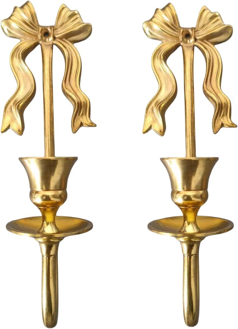 Brass Wall Candle Sconces Wall Decor Set of 2, Antique Gold Bow Candle Stick Holders,Wall Mounted Wall Decoration,for Living Room,Dining Room, Bedroom , No Candle (Gold 1)