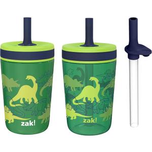Zak Designs Dino Camo Kelso Tumbler 3pc Set, Leak-Proof Screw-On Lid with Straw, Bundle for Kids Includes Plastic and Stainless Steel Cups with Additional Sipper