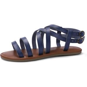 Luffymomo Women's Flat Sandals Open Toe Casual Strappy Sandals Comfortable Ankle Strap Gladiator Slides (6, Navy)