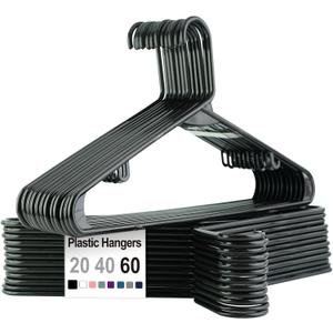 Plastic Hangers Without Notches 20 Pack - Space Saving, Sturdy with Built-in 2 Hooks for Closet Organization (Black)
