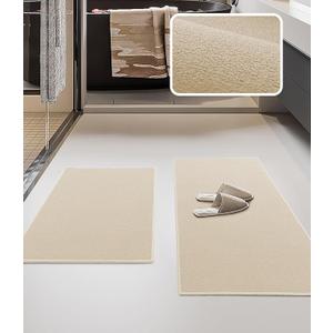 YIHOUSE Bathroom Rug Sets 2 Piece, Ultra Thin Bath Mat Fit Under Door, Quick Dry Absorbent Bath Mat for Bathroom Non Slip Machine Washable Floor Mat (Beige, 2 Piece)