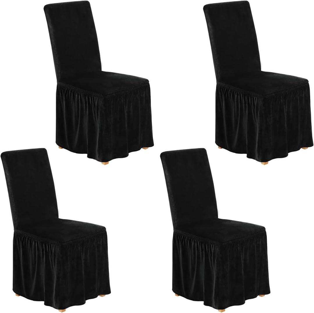 NICEEC Spandex Chair Covers for Dining Chairs Covers Set of 4 Removable Dining Room Chair Covers with Skirt Parson Chair Slipcovers Washable Chair Protector for Kitchen Wedding Party Banquet(Black) 4pcs