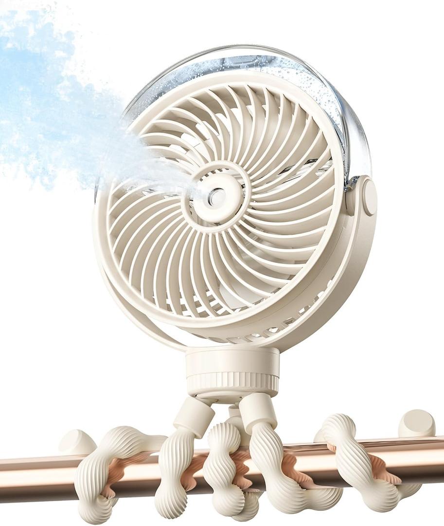 SWEETFULL Misting Stroller Fan Portable Baby Fan with Spray Cooling, 4 Speeds, Quiet Rechargeable Fans for Travel, Outdoor, Golf Cart, Car Seat, Beach (Beige)