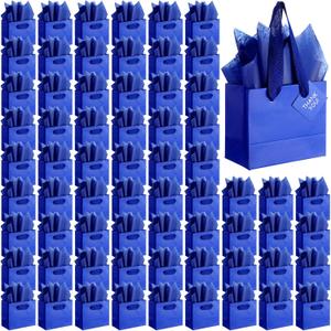 Qilery 50 Pcs Christmas Mini Paper Gift Bags Bulk with Tissue Paper Small Gift Bags with Handle and Tags for Birthday Wedding Thanksgiving Christmas Party Business(Royalblue,4.7 x 2.4 x 3.9'')