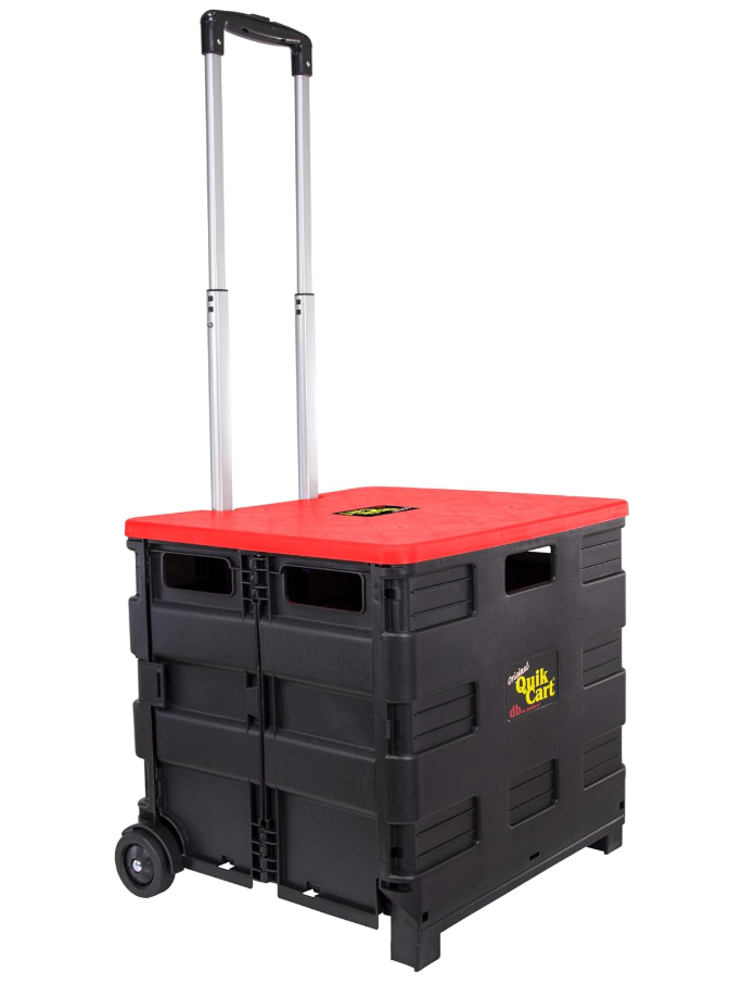 dbest Products 01-681 Quik Cart Wheeled Rolling Crate Teacher Utility with seat Heavy Duty Collapsible Basket with Handle, Red