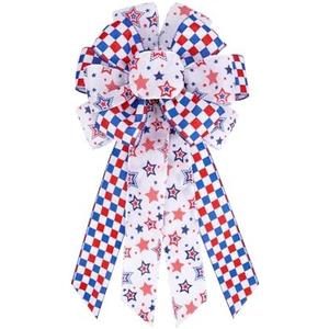 Patriotic Decor Bows for Wreaths, Fourth of July Bow Red, Blue and White Buffalo Plaid Stars Tree Topper Bow 4th of July, Independence Day, Indoor Front Door Outdoor Decorations