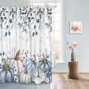 Thanksgiving Blue Pumpkins Fabric Shower Curtain, Autumn Watercolor Leaf Decorations Funny Shower Curtains for Bathroom Set with Hooks, Waterproof & Washable Bath Curtains Fall Decor 72x72 inch