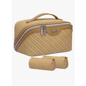 BOYATU Travel Makeup Bag Cosmetic Bags for Women: Large Capacity 3 Pcs Set Make up Bag with Compartments - Waterproof Vegan Leather Toiletry Organizer Bags with Handle (Z-Brown)