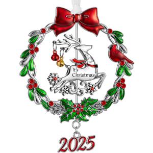 Christmas Tree Ornament Metal Silver Hanging Rotatable Design Charm Holiday Decorative Pendant Gift Keepsake (2025 Deer)