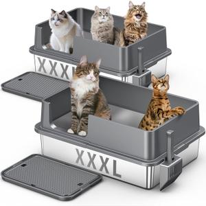 2PACK XXXL Stainless Steel Cat Litter Box with High Sides Lid, Large Litter Box for Big&Multiple Cats, Metal Kitty Litter Boxes with Footboard & Scoop, Anti-Leakage, Non-Sticky, 28.320.211.5inch (2PACK- Deep grey)