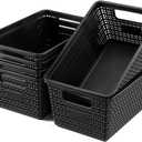 Set of 6 Baskets For Organizing, Plastic Storage Bins and Small Basket for Organization and Storage Shelves Drawers Desktop Closet Playroom Classroom Office, Black
