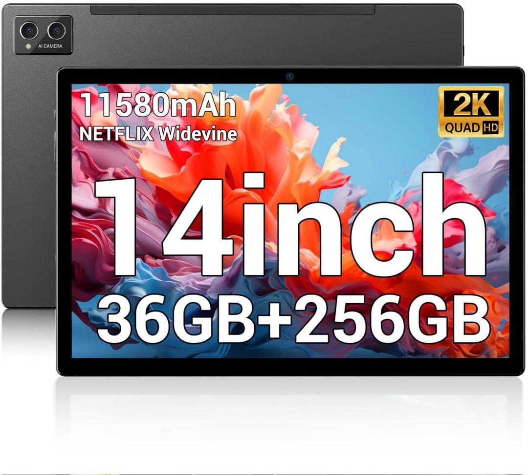 POWMUS Tablets 2025 14 inch Android 14 Tablet, 36GB RAM, 256GB Storage(Expand to 1TB), 2K Display, 8 Core CPU, 11580mAh Battery,4 Speakers, WiFi 5GHz Tablet with Pen Case-Black