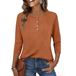 Zeagoo Womens Tops 3/4 Length Sleeve T Shirts Dressy Casual Button Down Blouses Spring Fall Clothes (Small)