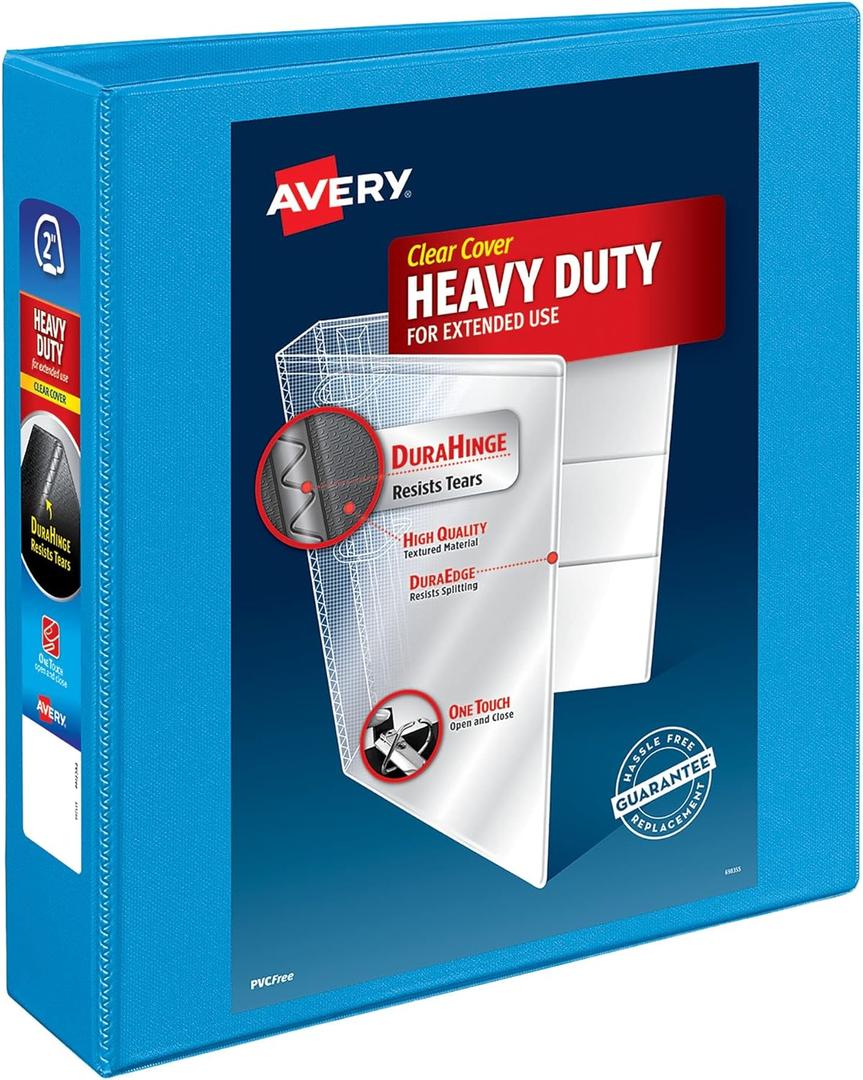 Avery Heavy-Duty View 3 Ring Binder, 2" One Touch Slant Rings, 2.8 Inch Wide Spine, Customizable Clear Cover, Ideal for School, Office, and Home Organization, 1 Light Blue Binder (05501)