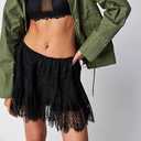 Women Y2k Lace Mini Skirt Fairy Mesh Floral Mid Low Rise Ruffle Half Slip Skirt Layered Flowy Short Skirt Streetwear (Black, S)