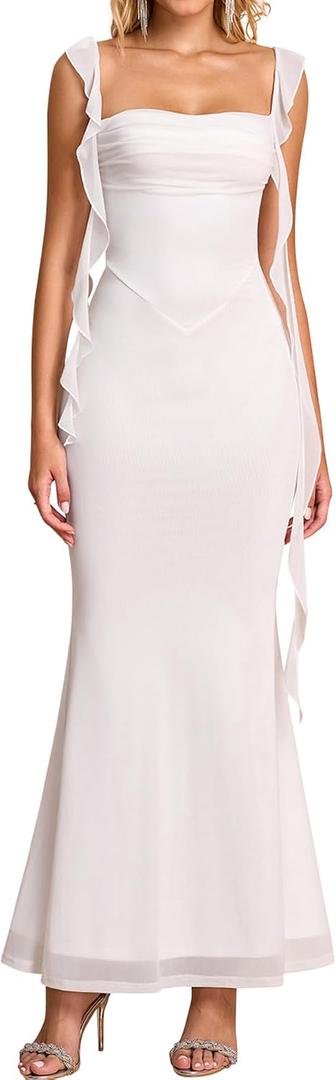 KUTUMAI Elegant Long Formal Wedding Guest Dresses for Women Ruffle Bodycon Cocktail Party Maxi Dress White L