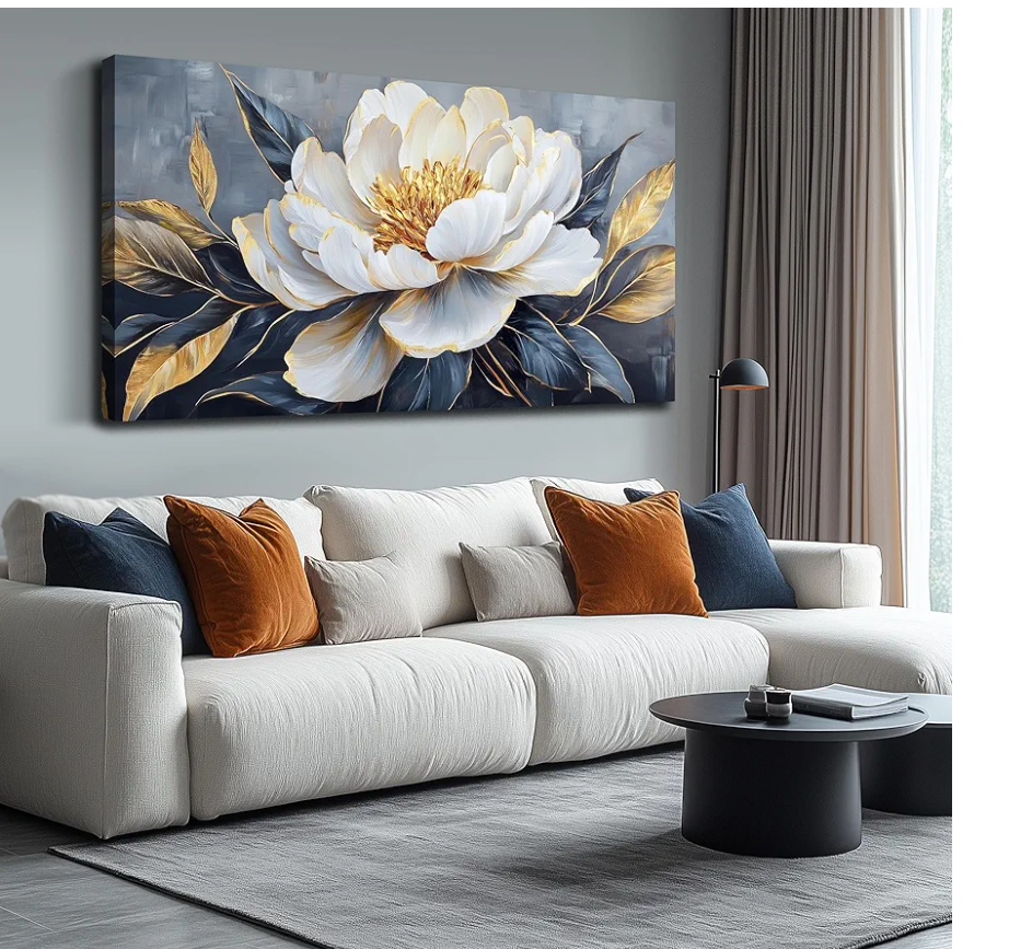 AOZEMI Floral Wall Decorations White Pictures Flowers Wall Art Modern Canvas Plant Gold Wall Decor for Living Room Bedroom Big Artwork 28.5"x 58"