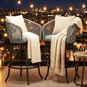 YITAHOME 27" Bar Stools Set of 2 with Arms & Cushions, 360° Swivel Outdoor Bar Stools, All Weather Counter Height Bar Stools Set of 2 with Curved Back for Backyard, Kitchen Island, Dining Room, Gray