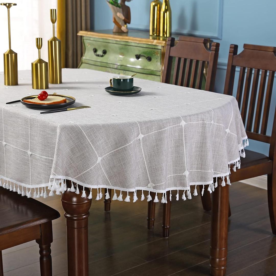 Brown Embroidery Lattice Oval Tablecloth with Tassel Heavy Duty Rustic Fabric Table Cover Wrinkle Resistant Washable Kitchen Dining Party Wedding Decoration 52 x 70 Inches