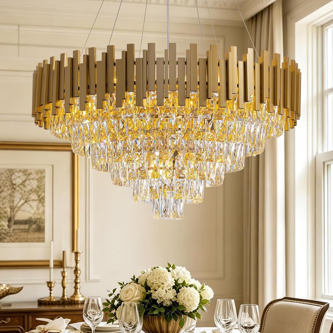 32-inch Crystal Chandelier 15-Light Large Gold Dining Room Light Fixture 6 Tiers Crystal Chandelier Round Pendant Light for Kitchen Island Living Room Bedroom Entryway Foyer, Gold D 31.5''