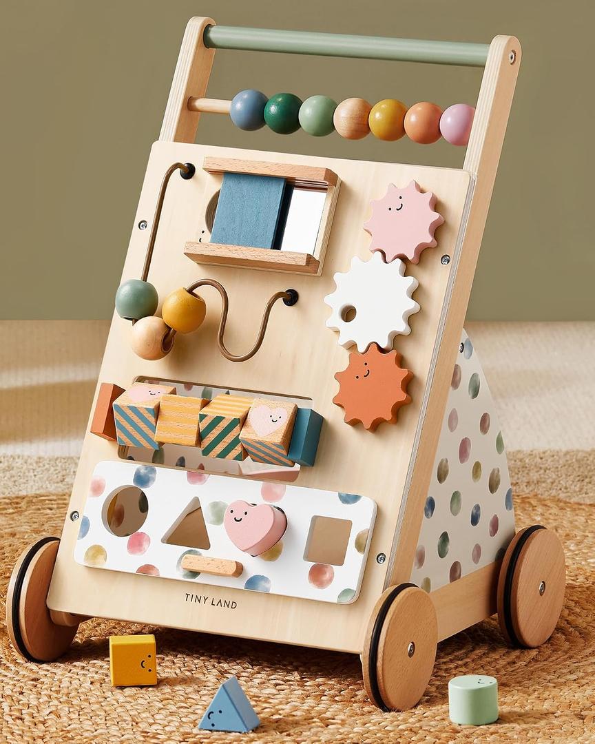 Tiny Land Wooden Baby Walker with Activity Center, Montessori Push Walker