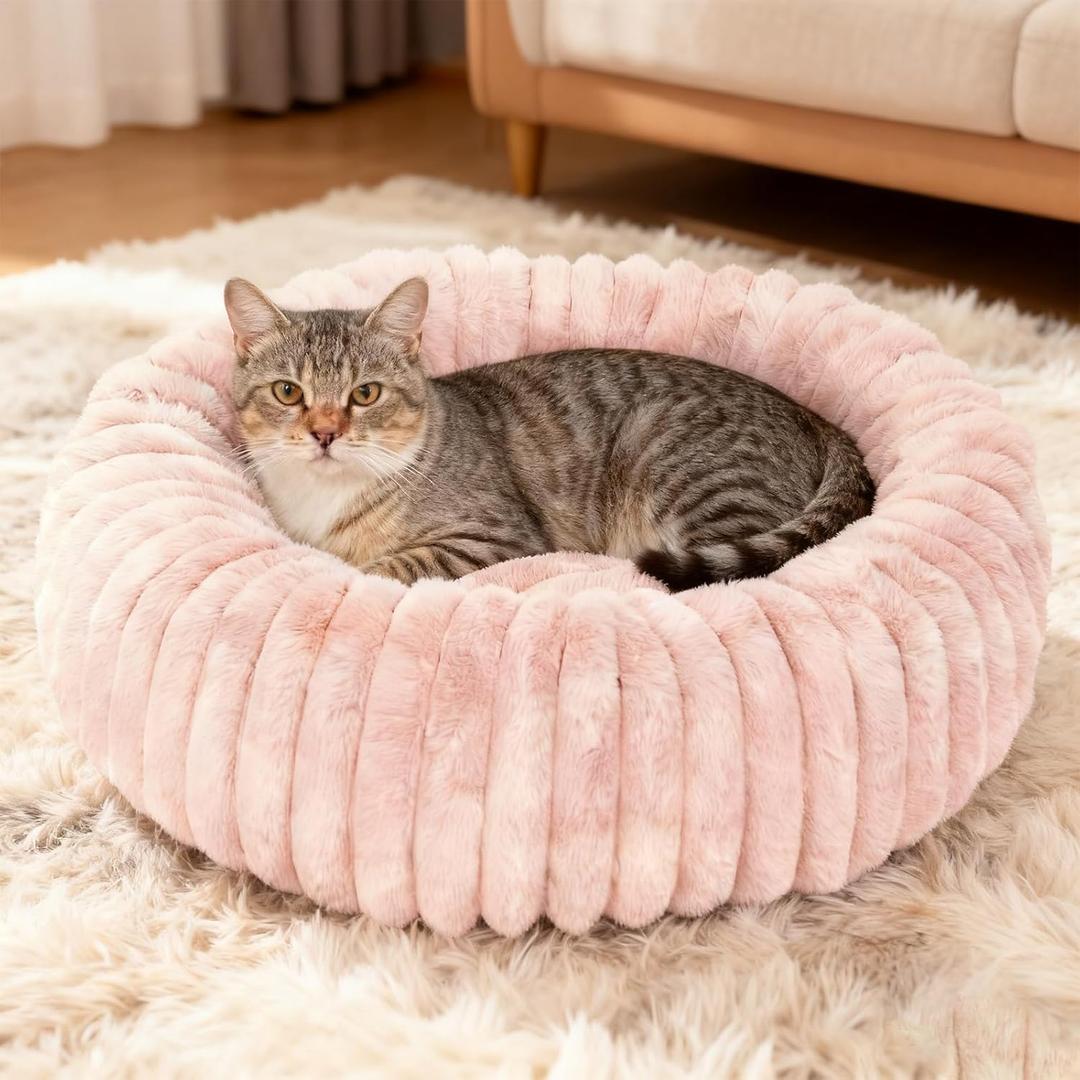 Washable Small cat Dog Bed,Calming Anti Anxiety Round Donut Dog Bed,Cute Kitten Cat Beds for Indoor Cats,Fluffy Puppy Dogs Beds for Small Dogs, Anti-Slip Comfort Pet Bed (Pink, S)
