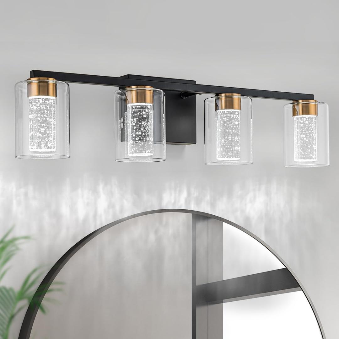 SineRise 4-Light Black and Gold Vanity Light with 3 Color Modes (3000K/4000K/6000K), Eye Protection LED Bathroom Light Fixture, Dimmable Modern Wall Light Over Mirror with Clear Glass Shade